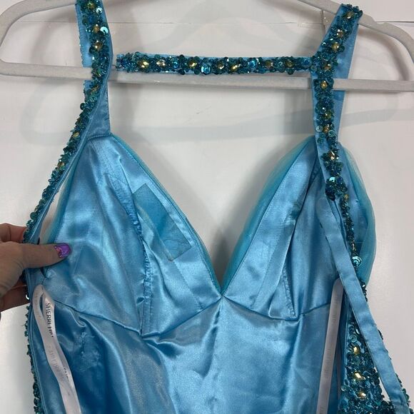 Sherri Hill Dress sz 4 Turquoise blue Sequins V Neck Mini Tulle Open Back Short - Picture 7 of 16